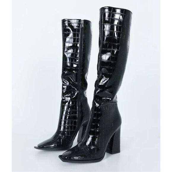 Princess Polly MERCURY Crocodile Heeled BOOTS Black Size 8 Square Toe - Picture 1 of 8